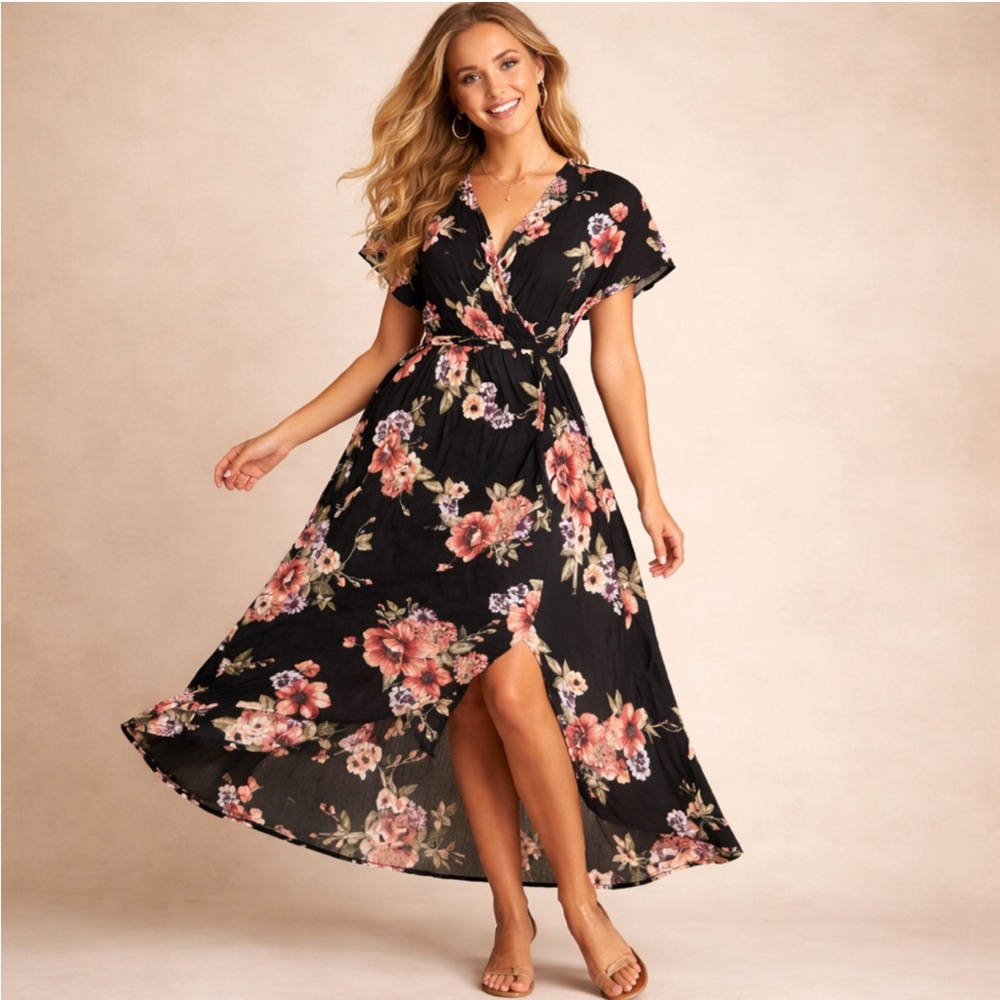 One Story Black Floral Wrap Maxi Dress Size S